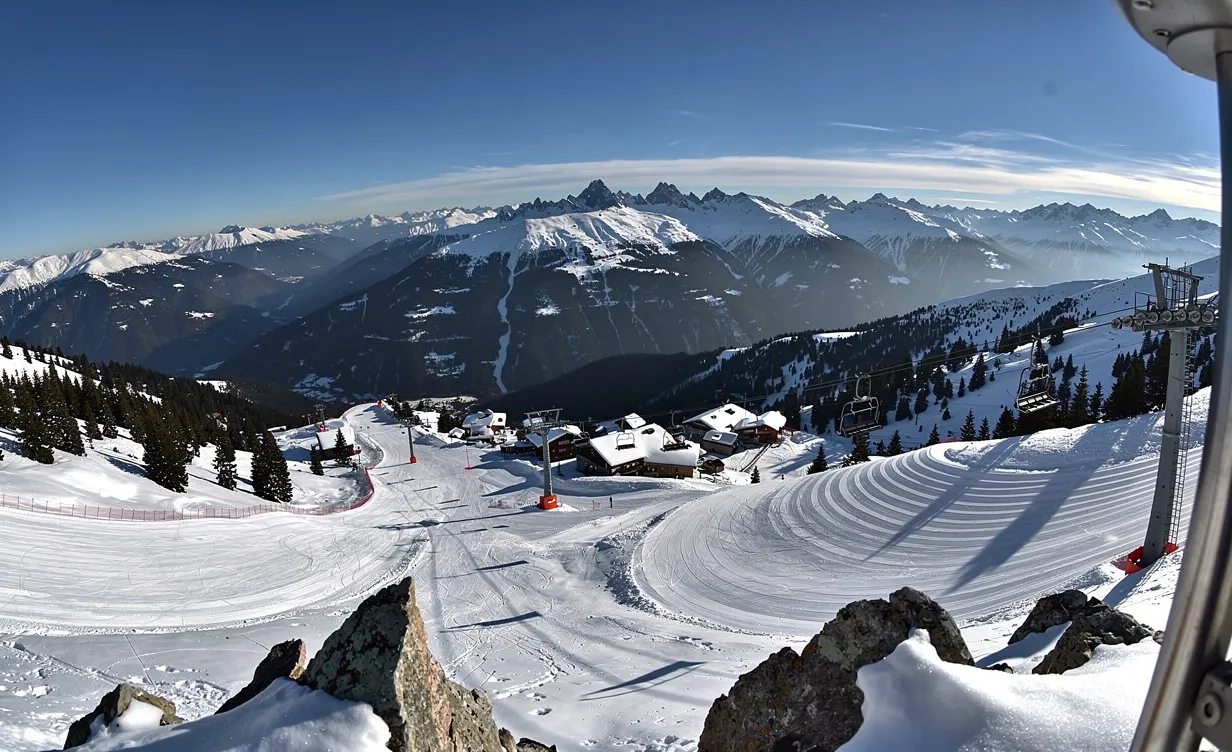 Vue panoramique sur la station de ski des Orres en hiver, avec pistes enneigées, télésièges, sapins et ciel bleu.