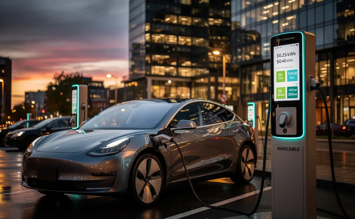 Une voiture électrique moderne est garée à une borne de recharge en ville au crépuscule, avec les tarifs et puissances affichés sur des écrans numériques.