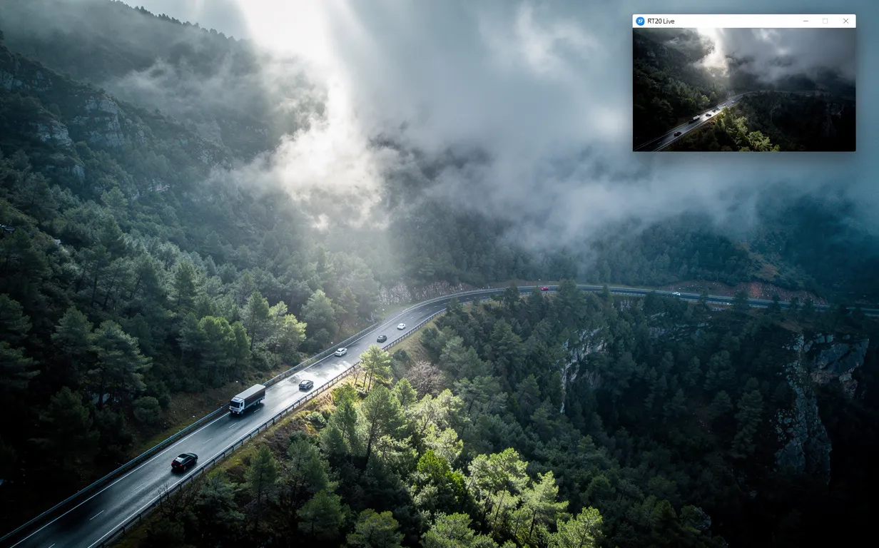 Route sinueuse passant dans la forêt brumeuse de Vizzavona, vue en hauteur avec quelques véhicules et un encadré vidéo en direct.