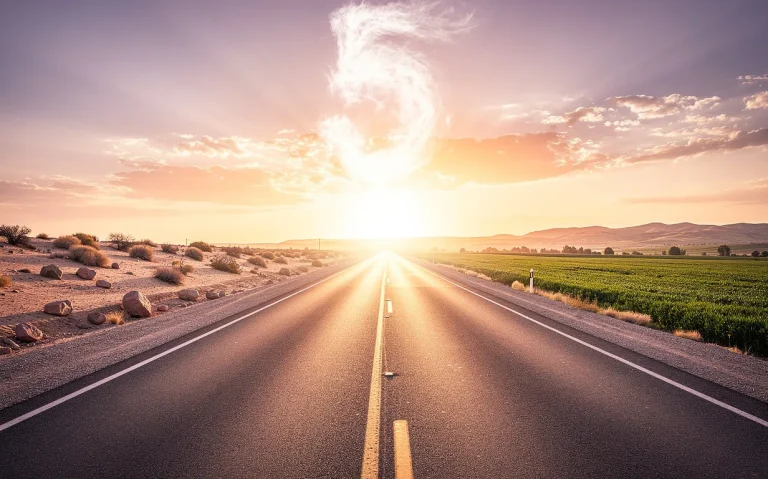 Une route ouverte s’étend vers un horizon lumineux avec le chiffre 5 formé dans les nuages, sous une lumière dorée et un paysage changeant.