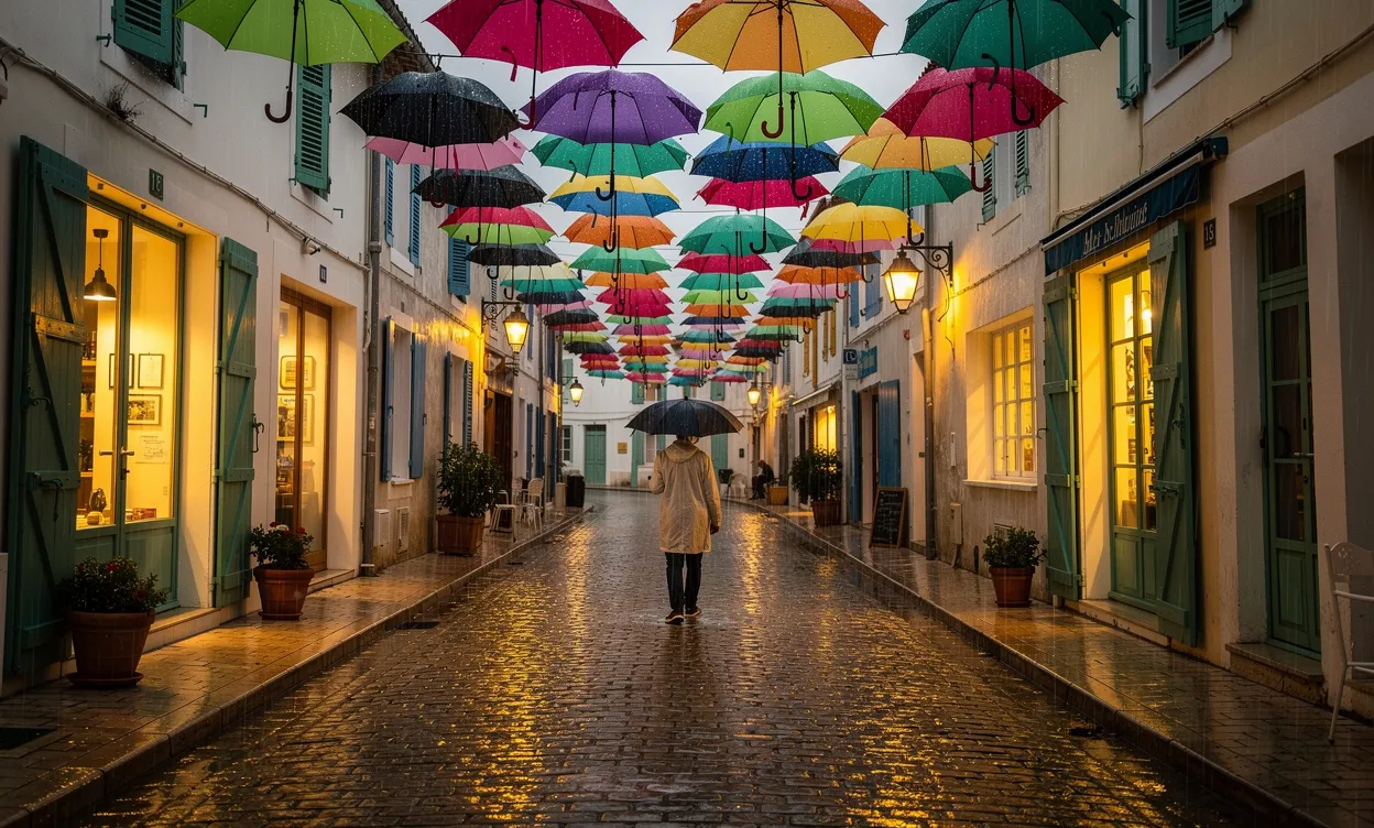 Une ruelle pavée de l’Île de Ré ornée de parapluies colorés suspendus sous la pluie, avec une personne marchant devant des boutiques éclairées.