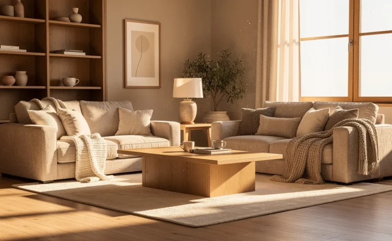 Salon beige avec canapés moelleux, plaids doux et éléments en bois naturel, éclairé par une grande fenêtre sous une lumière dorée.