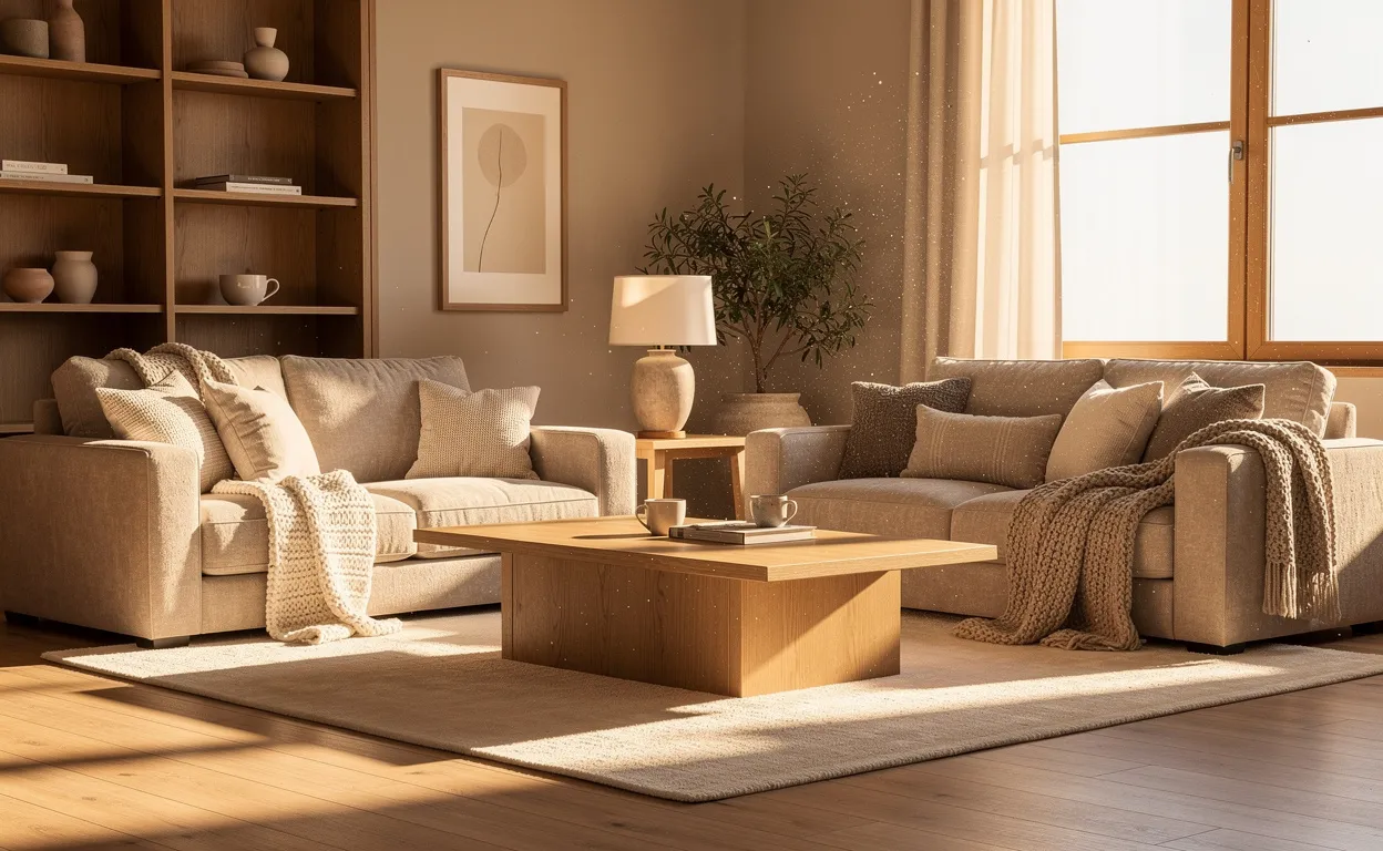 Salon beige avec canapés moelleux, plaids doux et éléments en bois naturel, éclairé par une grande fenêtre sous une lumière dorée.