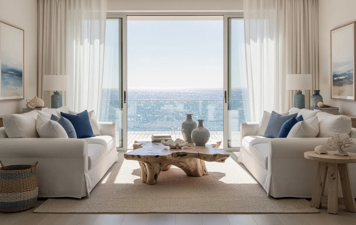 Salon élégant avec canapés blancs, table basse en bois flotté, touches de bleu, grandes fenêtres donnant sur la mer et décoration côtière.