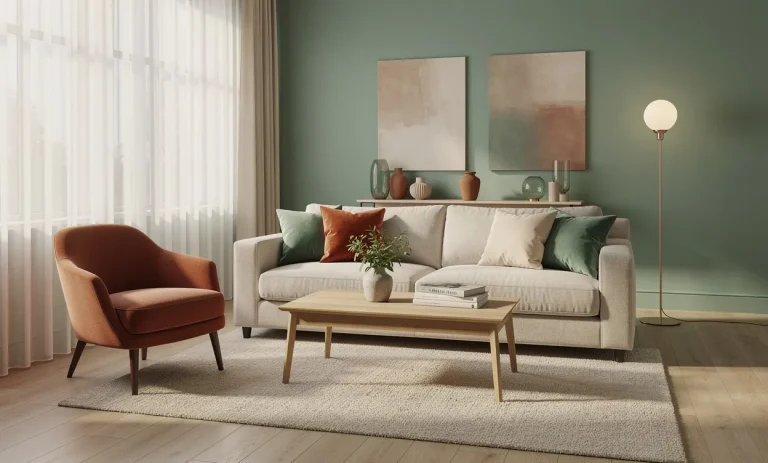 Salon apaisant aux murs vert céladon, meubles élégants, coussins décoratifs et touches beige et terre cuite, baigné de lumière naturelle.