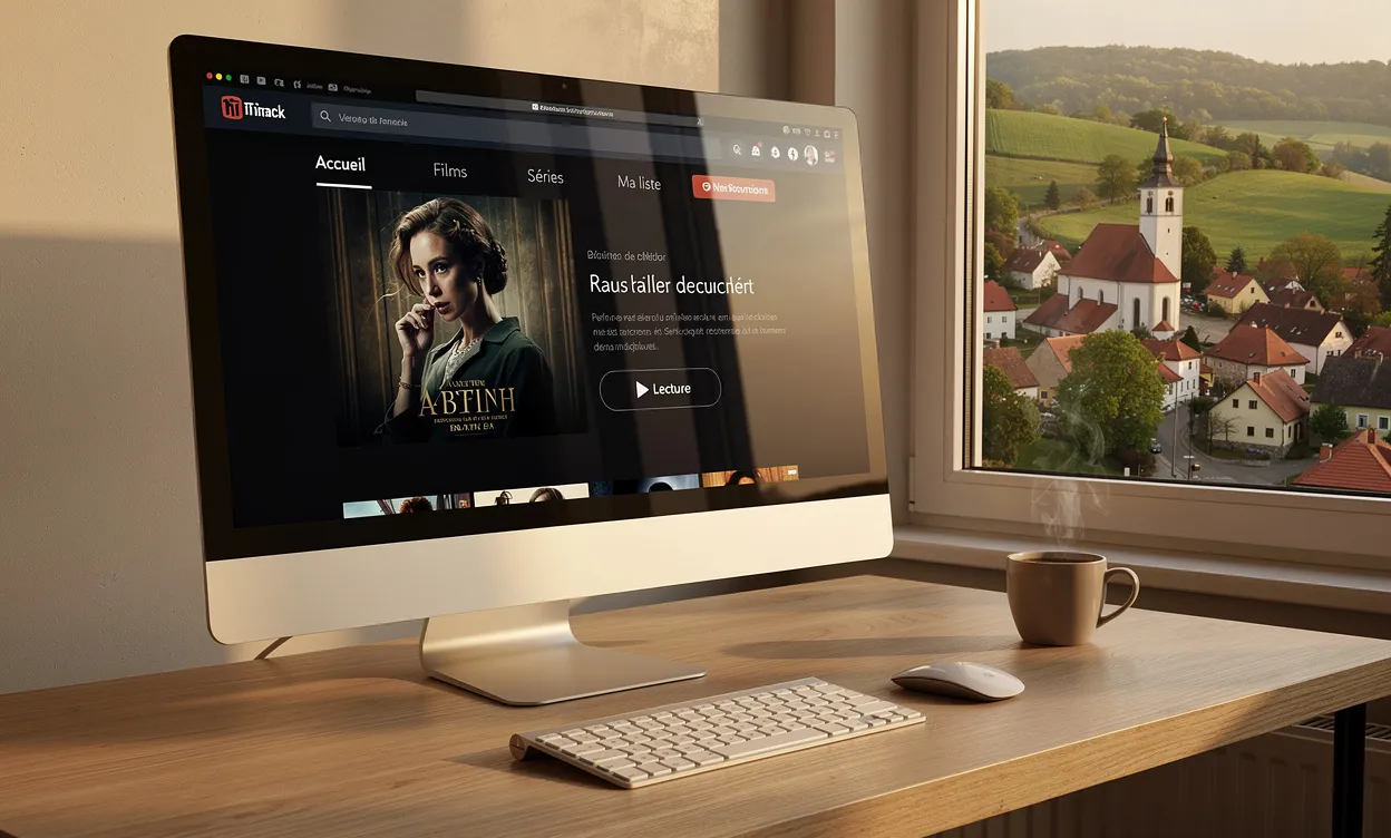 Un écran d’ordinateur affichant un site de streaming français est posé sur un bureau en bois devant une fenêtre avec vue sur un village tchèque entouré de collines verdoyantes sous une lumière matinale.