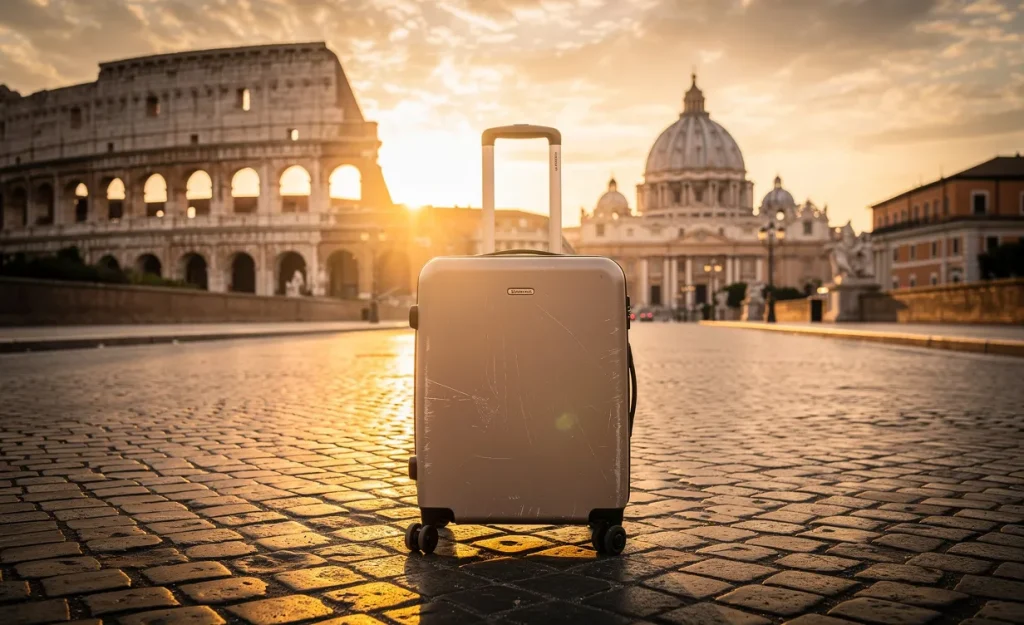 Une valise posée sur une rue pavée à Rome avec le Colisée et la basilique Saint-Pierre en arrière-plan sous un ciel doré au coucher du soleil.
