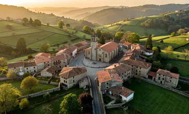 Vue aérienne d’un village galicien avec des maisons en pierre aux toits rouges entourant une église historique, niché entre des collines verdoyantes sous une lumière dorée du coucher de soleil.