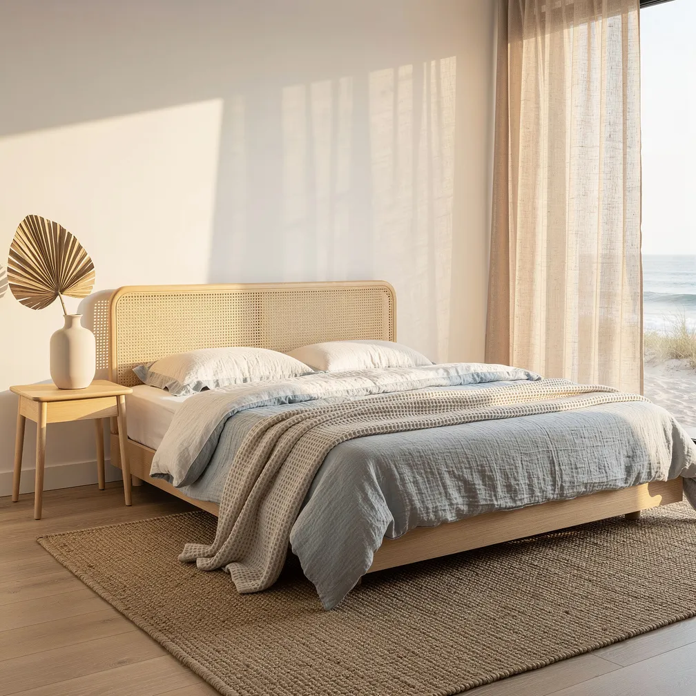 Chambre côtière apaisante avec tête de lit en cannage, literie en gaze de coton blanc et bleu pâle, rideaux en lin filtrant la lumière du matin