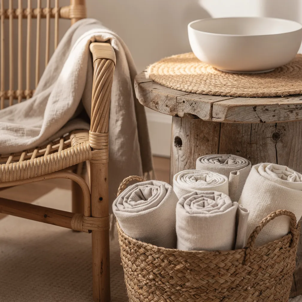 Détail de textures côtières avec chaise en rotin tressé, table en bois flotté, panier en jonc de mer et bol en céramique blanche