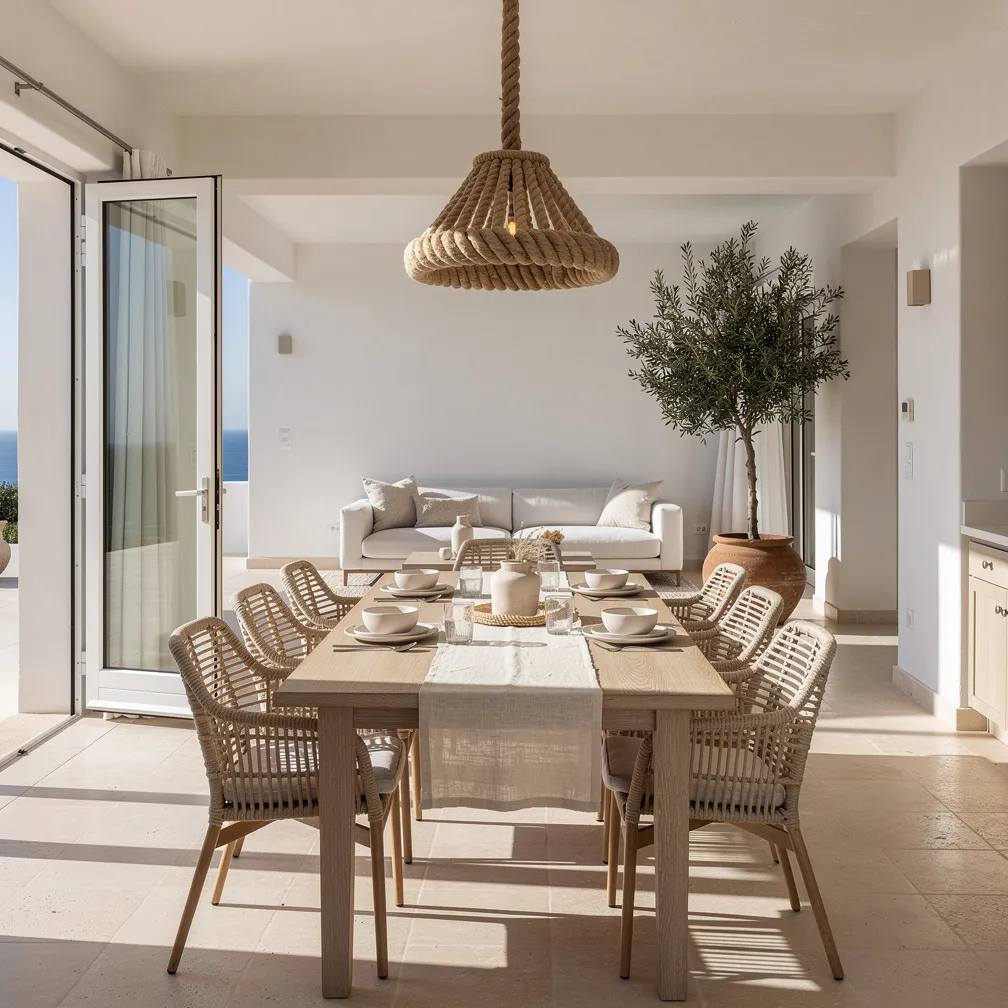 Salle à manger côtière avec grande table en bois blanchi, chaises en osier, suspension en corde et lumière méditerranéenne