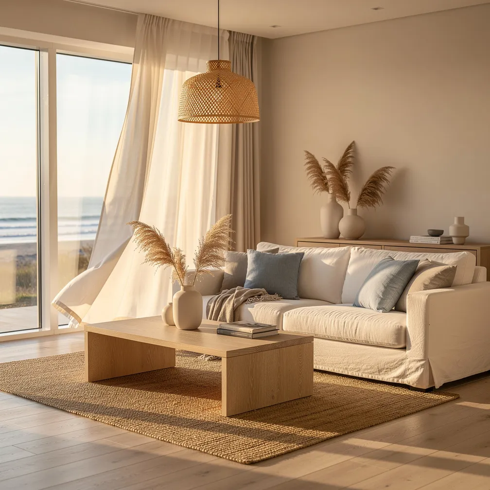 Salon lumineux de style bord de mer chic avec canapé en lin blanc, coussins bleu pâle, table basse en chêne blanchi et suspension en rotin