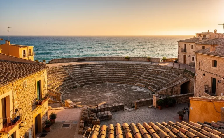 Amphithéâtre romain de Tarragone illuminé au crépuscule avec vue sur la Méditerranée et des maisons en pierre d’un village catalan alentour.