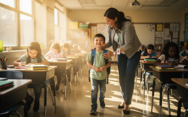 Un assistant scolaire accompagne un enfant souriant en situation de handicap dans une salle de classe lumineuse baignée de soleil.