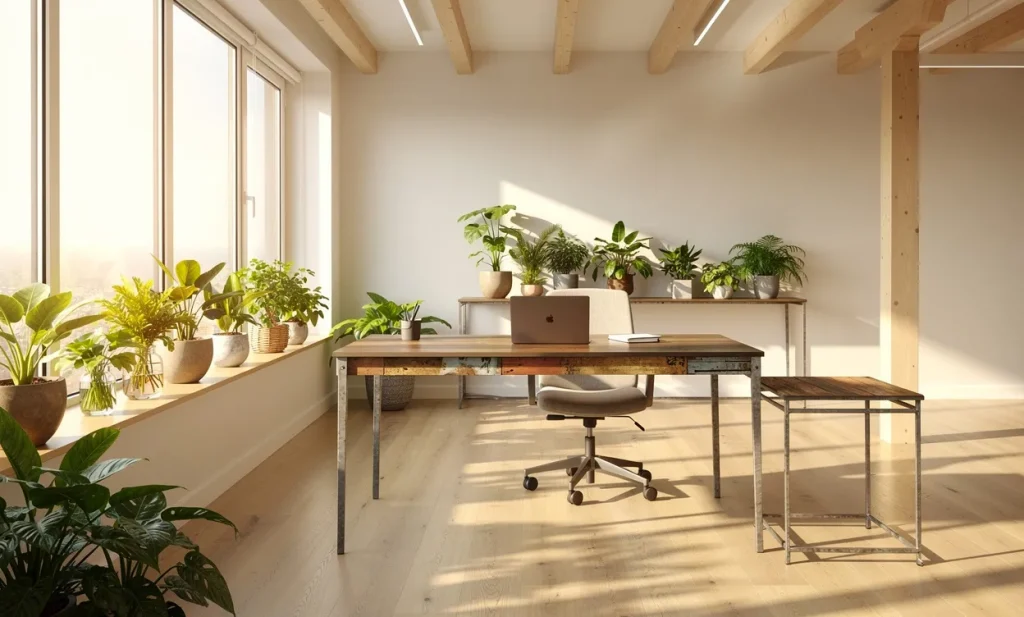 Un espace de travail moderne au design minimaliste, éclairé par la lumière du soleil, avec des plantes et du mobilier recyclé.