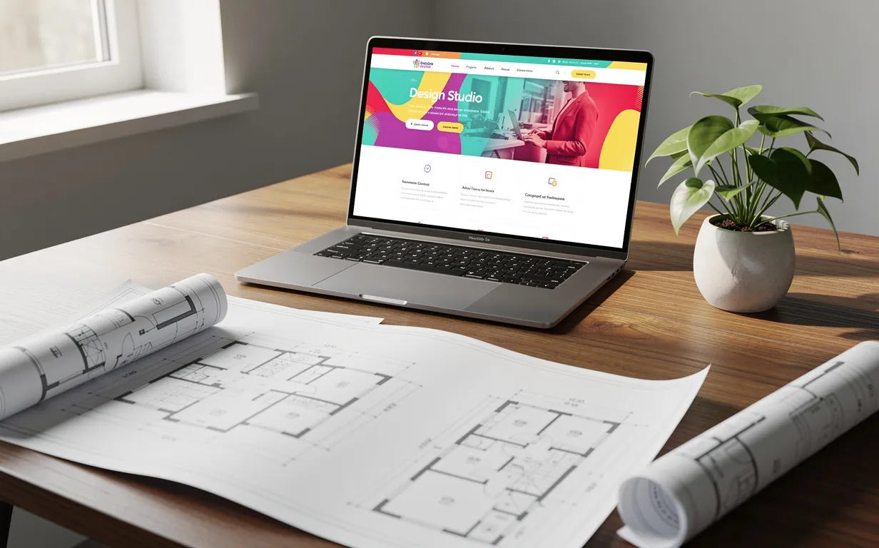 Un ordinateur portable posé sur un bureau en bois affiche une interface colorée, entouré de plans d’architecture et d’une plante, avec la lumière du jour entrant par une fenêtre voisine.