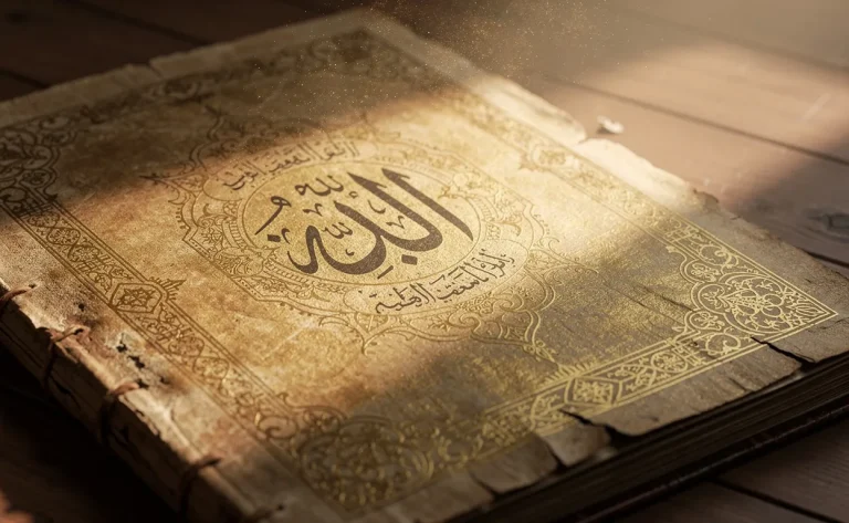 Un manuscrit arabe ancien ouvert montre le mot « Allah » en calligraphie dorée, entouré de doux rayons de lumière.