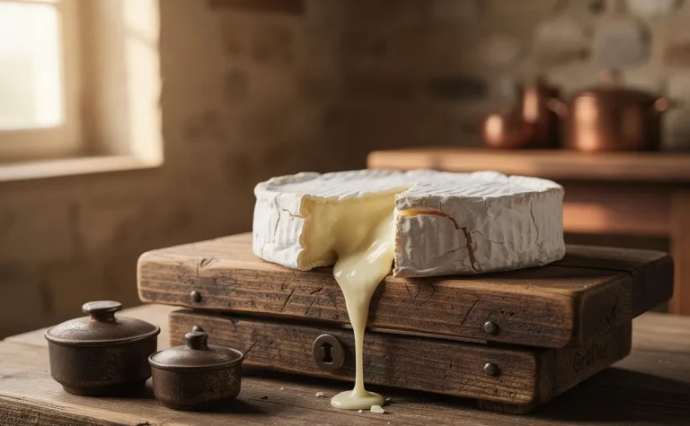 Un camembert à croûte entamée posé sur une balance en bois, devant un décor de ferme française sous une lumière douce.