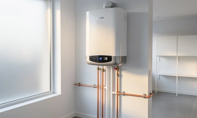 Un chauffe-eau électrique moderne est fixé sur un mur blanc dans une buanderie épurée, avec des tuyaux bien alignés et une lumière matinale douce.
