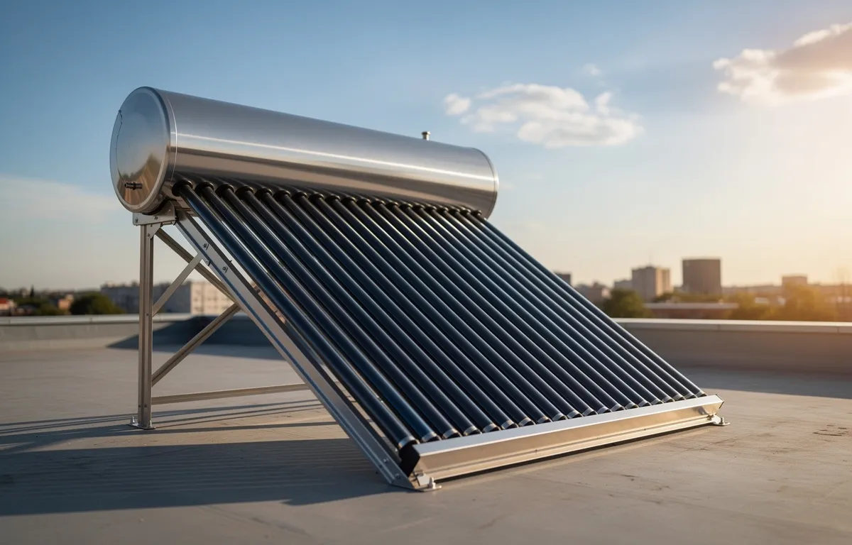 Un chauffe-eau solaire moderne de 200 litres est installé sur un toit ensoleillé sous un ciel bleu.
