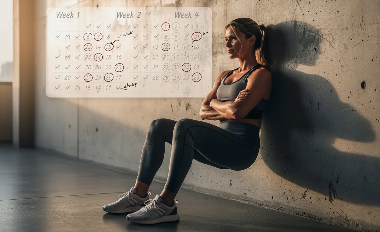 Une personne effectue un exercice de chaise contre un mur en béton, sous une lumière matinale douce, avec un calendrier estompé indiquant quatre semaines de progression en arrière-plan.