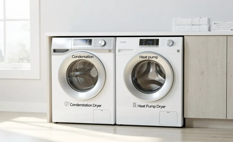 Deux sèche-linge modernes côte à côte dans une buanderie lumineuse, l’un marqué d’un symbole de condensation et l’autre d’une icône de pompe à chaleur, sous une lumière naturelle.