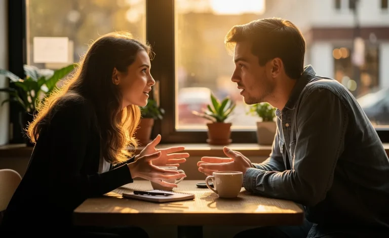 Deux personnes échangent à un petit café sous une lumière dorée de l’après-midi, assises face à face avec des expressions engagées.