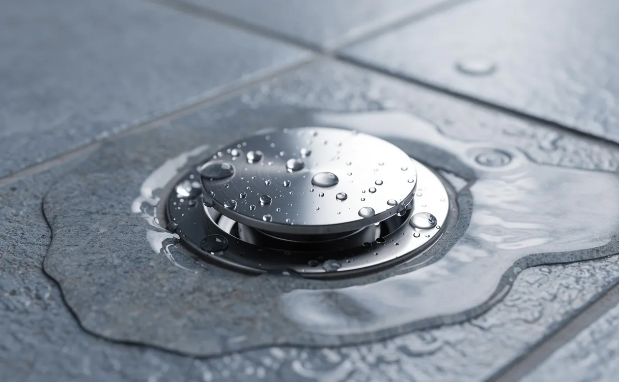 Gros plan sur une bonde de douche moderne obstruée avec de l’eau stagnante sur des carreaux texturés, dans des tons bleu-gris.