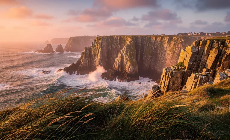 Paysage photoréaliste de la Pointe de Minard avec des falaises sauvages, des rochers surplombant les vagues de la Côtes-d'Armor et des herbes battues par le vent sous une lumière dorée.