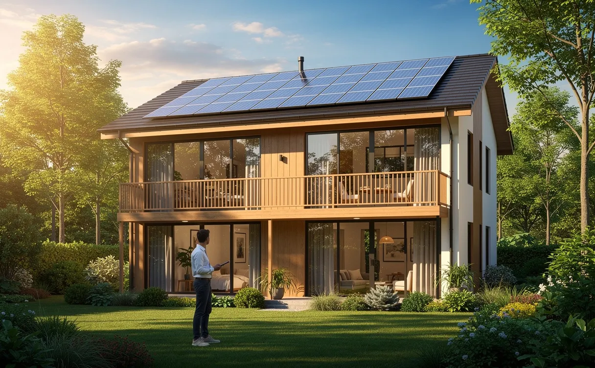 Une personne examine une maison moderne écologique avec panneaux solaires sur le toit, entourée de verdure et éclairée par la lumière dorée de l’après-midi.