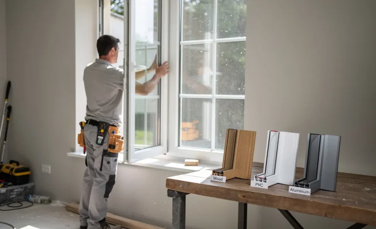 Un artisan installe une fenêtre à double vitrage dans une maison rénovée, avec des échantillons de cadres en bois, PVC et aluminium posés sur une table à côté.