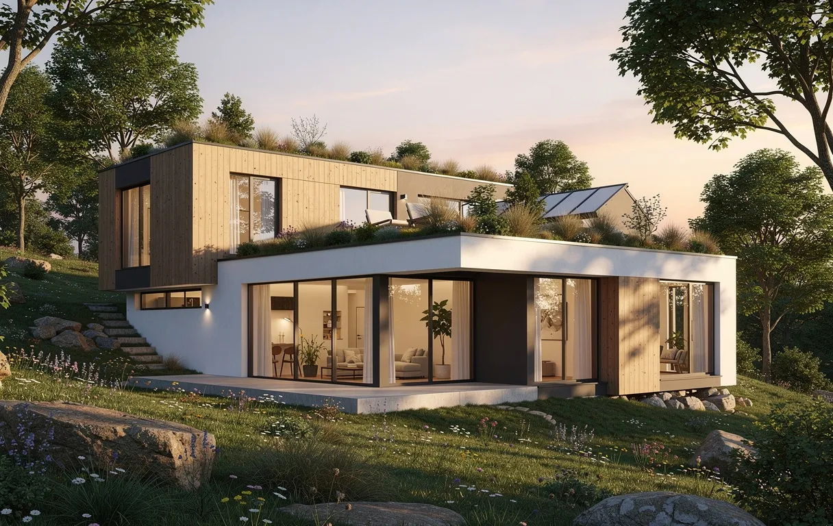 Maison écologique moderne à grandes baies vitrées et toit végétalisé, intégrée dans un paysage verdoyant au coucher du soleil.