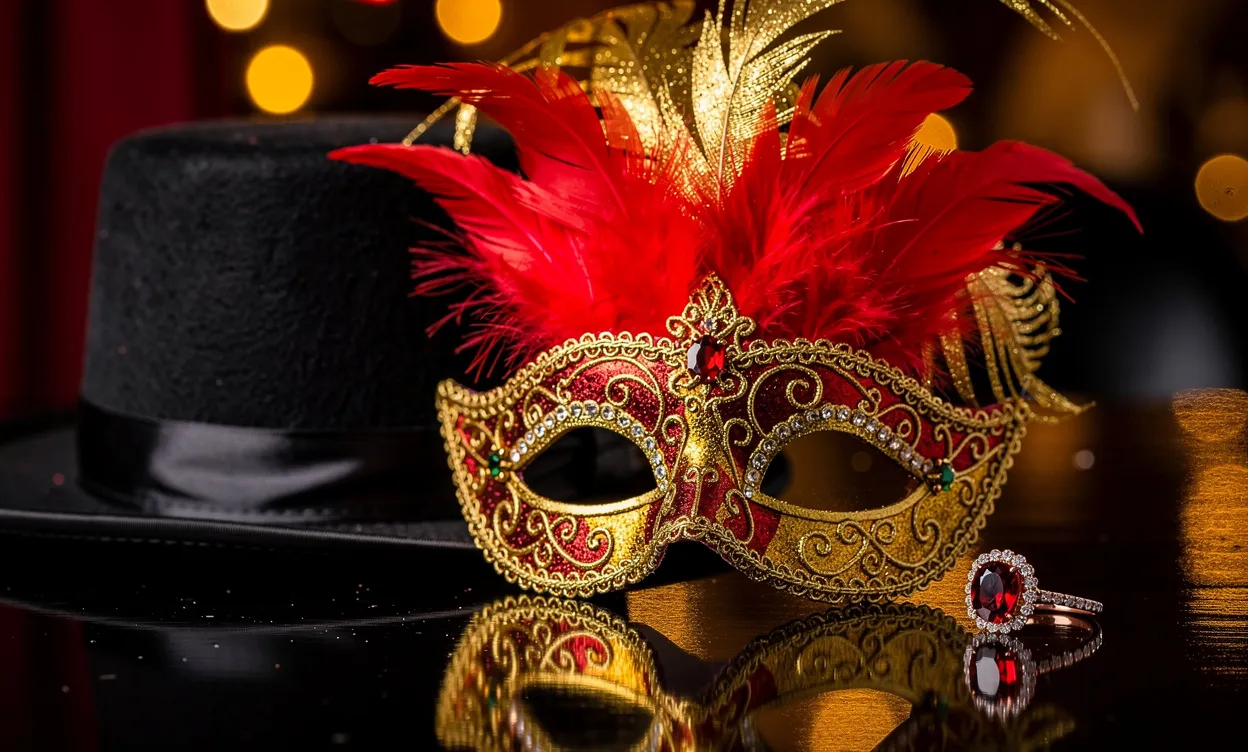Un masque de bal orné de plumes rouges et dorées repose près d’une bague en rubis étincelante et d’un chapeau de magicien sur une table brillante.