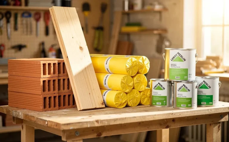 Des matériaux de construction Leroy Merlin, dont des briques, bois, rouleaux d’isolation et pots de peinture, sont disposés sur un établi dans un atelier éclairé par la lumière du jour.