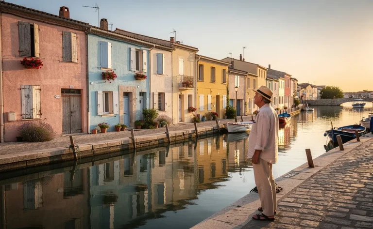 Une rue provençale bordant le canal de Martigues avec un habitant regardant les maisons pastel se refléter dans l’eau au crépuscule.