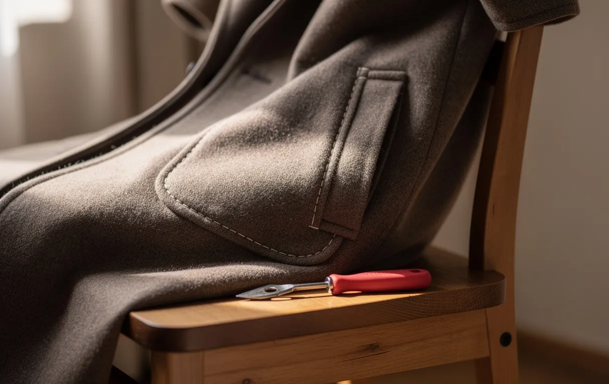 Un manteau en laine posé sur une chaise en bois montre une poche cousue avec des fils visibles et un petit découd-vite à côté.