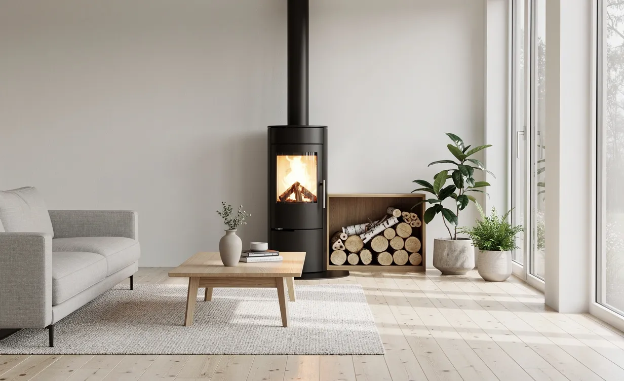 Poêle à bois danois moderne au design épuré dans un salon scandinave lumineux avec parquet clair et grandes fenêtres.