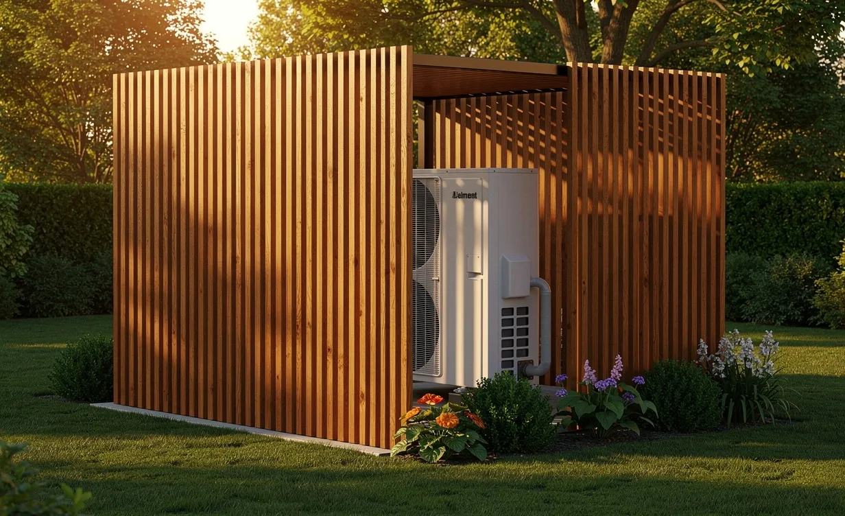 Une pompe à chaleur moderne cachée derrière un grand écran en bois dans un jardin verdoyant au soleil couchant.