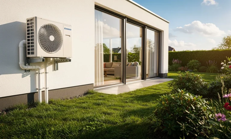 Une pompe à chaleur air-air moderne est installée devant une maison élégante aux grandes fenêtres, avec vue sur un jardin verdoyant sous un ciel ensoleillé.