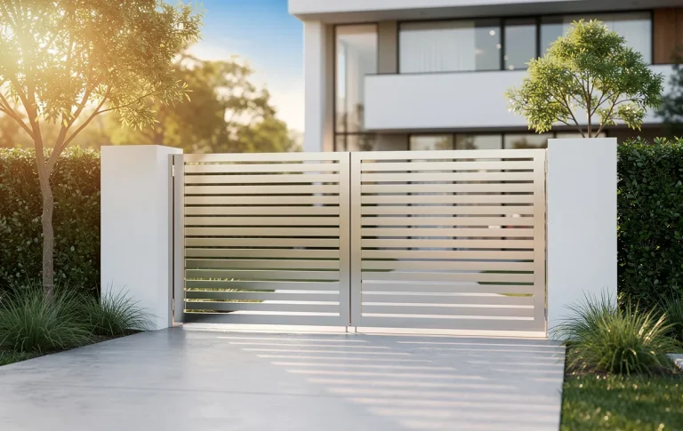 Un portail en aluminium moderne s’ouvre sur une maison contemporaine, baignée de lumière matinale et entourée de végétation.