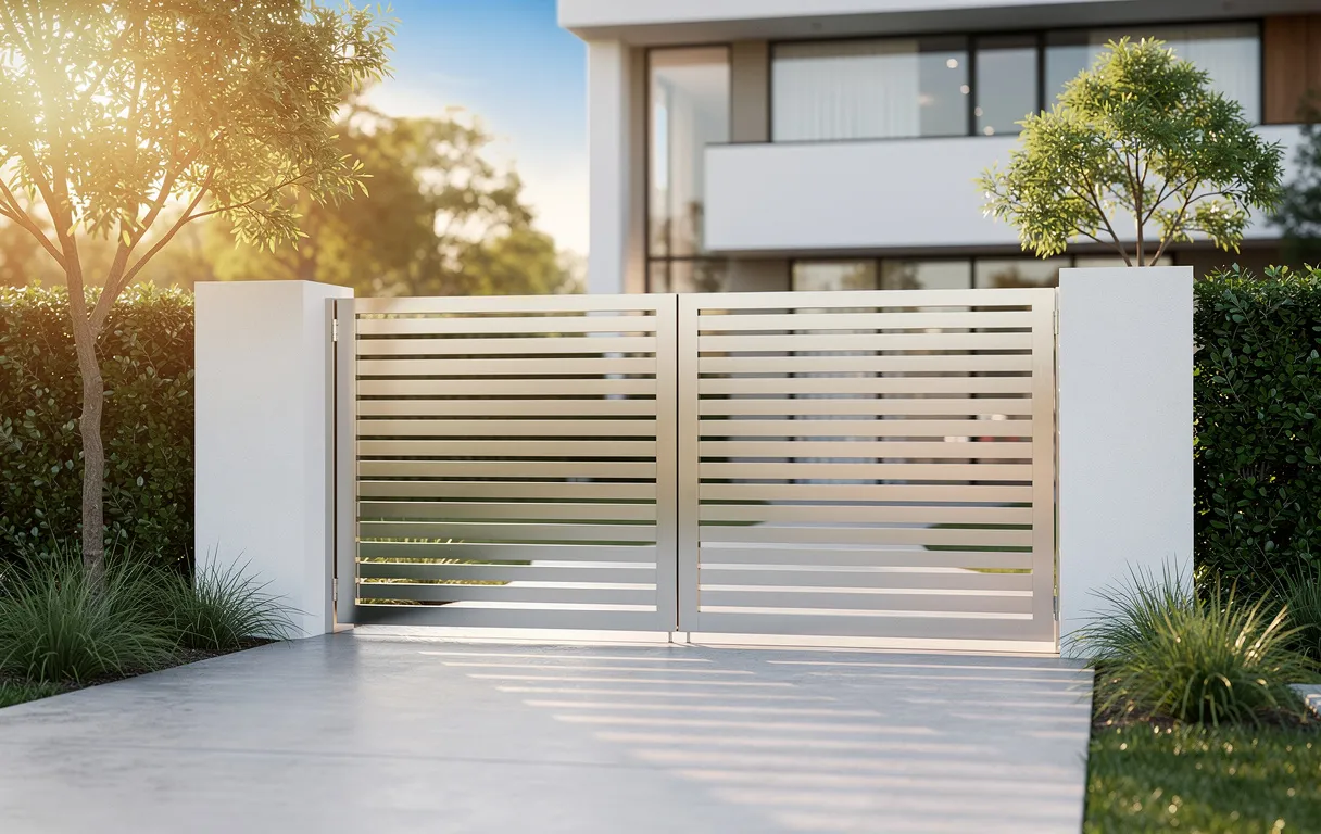 Un portail en aluminium moderne s’ouvre sur une maison contemporaine, baignée de lumière matinale et entourée de végétation.