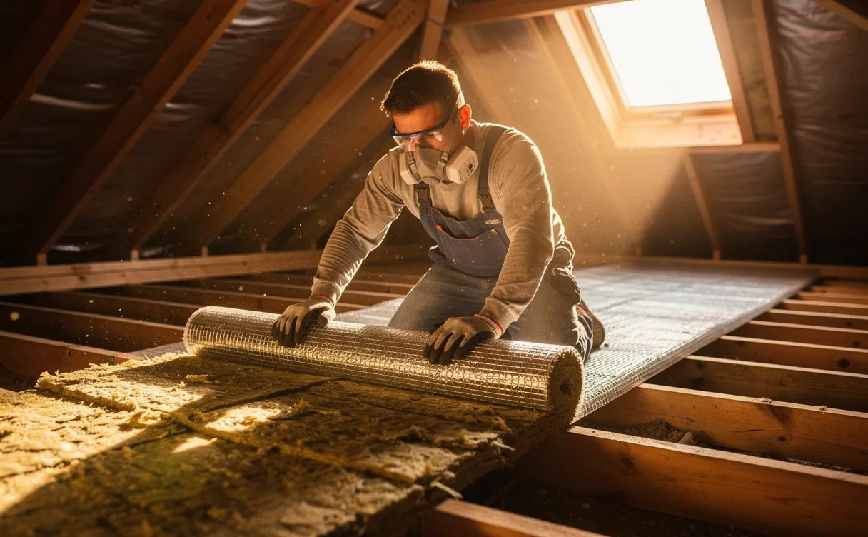 Une personne installe soigneusement des rouleaux de laine de verre sur le plancher nu d’un grenier baigné par la lumière dorée d’une fenêtre.