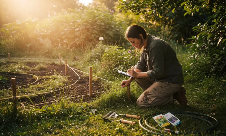 Une personne agenouillée au bord d’un jardin en friche trace l’emplacement de massifs de fleurs sous la lumière dorée du matin.