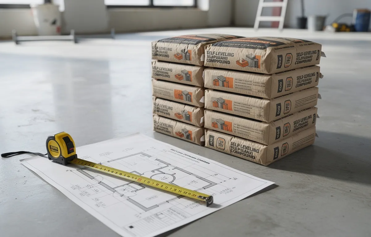 Des sacs de ragréage empilés, un mètre ruban et un plan de sol sont posés sur un chantier bien rangé éclairé par la lumière du jour.