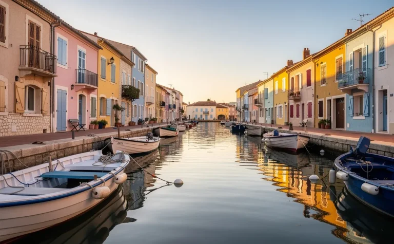 Des bâtiments pastel de Martigues se reflètent dans des canaux paisibles bordés de petites barques sous une lumière douce.