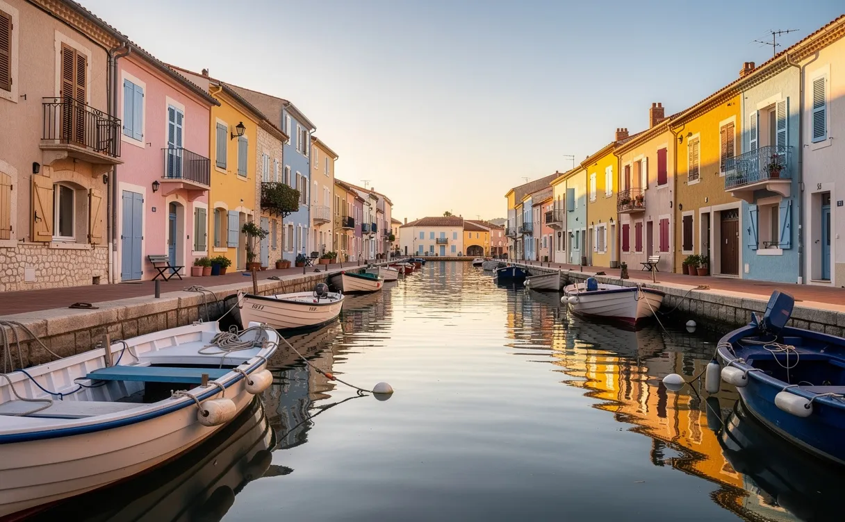 Des bâtiments pastel de Martigues se reflètent dans des canaux paisibles bordés de petites barques sous une lumière douce.