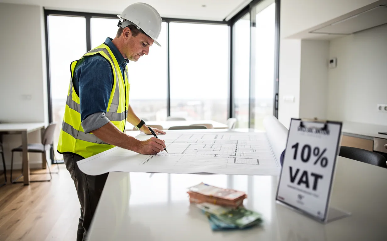 Un ouvrier du bâtiment consulte des plans de rénovation devant une maison moderne avec des billets en euros et un signe de TVA à 10 % au premier plan.