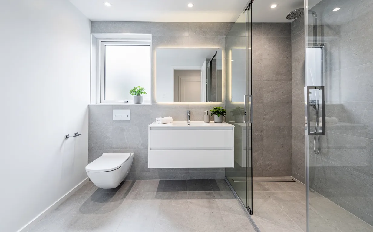Salle de bain moderne de 4 mètres carrés avec équipements suspendus, douche vitrée et lumière naturelle entrant par une fenêtre dépolie.