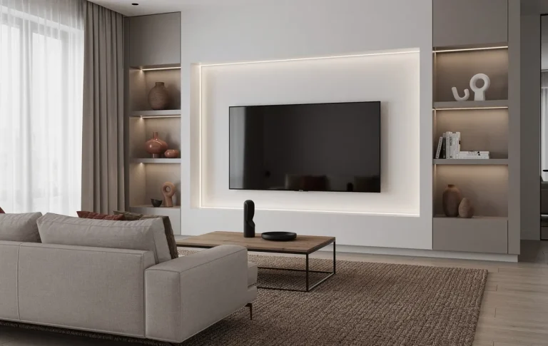 Salon moderne avec télévision intégrée dans une niche sur-mesure en placo, éclairage d’ambiance doux et tons terreux.