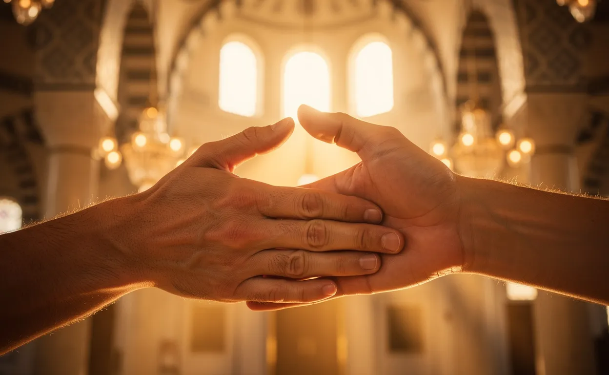 Deux mains se saluent délicatement devant l’intérieur flou d’une mosquée baignée de lumière dorée au coucher du soleil.